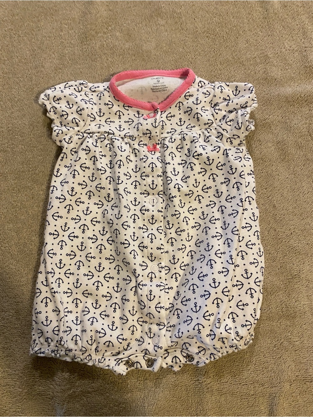 Carter's White Anchor Print Romper with Pink Trim